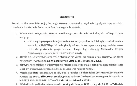 Plakat: Miejsca handlowe przy Cmentarzu Komunalnym w Maszewie – Wszystkich Świętych 2026
