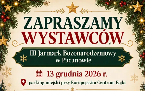 Plakat: III Jarmark Bożonarodzeniowy w Pacanowie – nabór wystawców (13 grudnia)