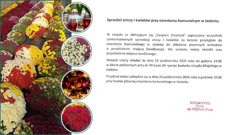 Plakat: Sprzedaż zniczy i kwiatów przy cmentarzu komunalnym w Jasieniu